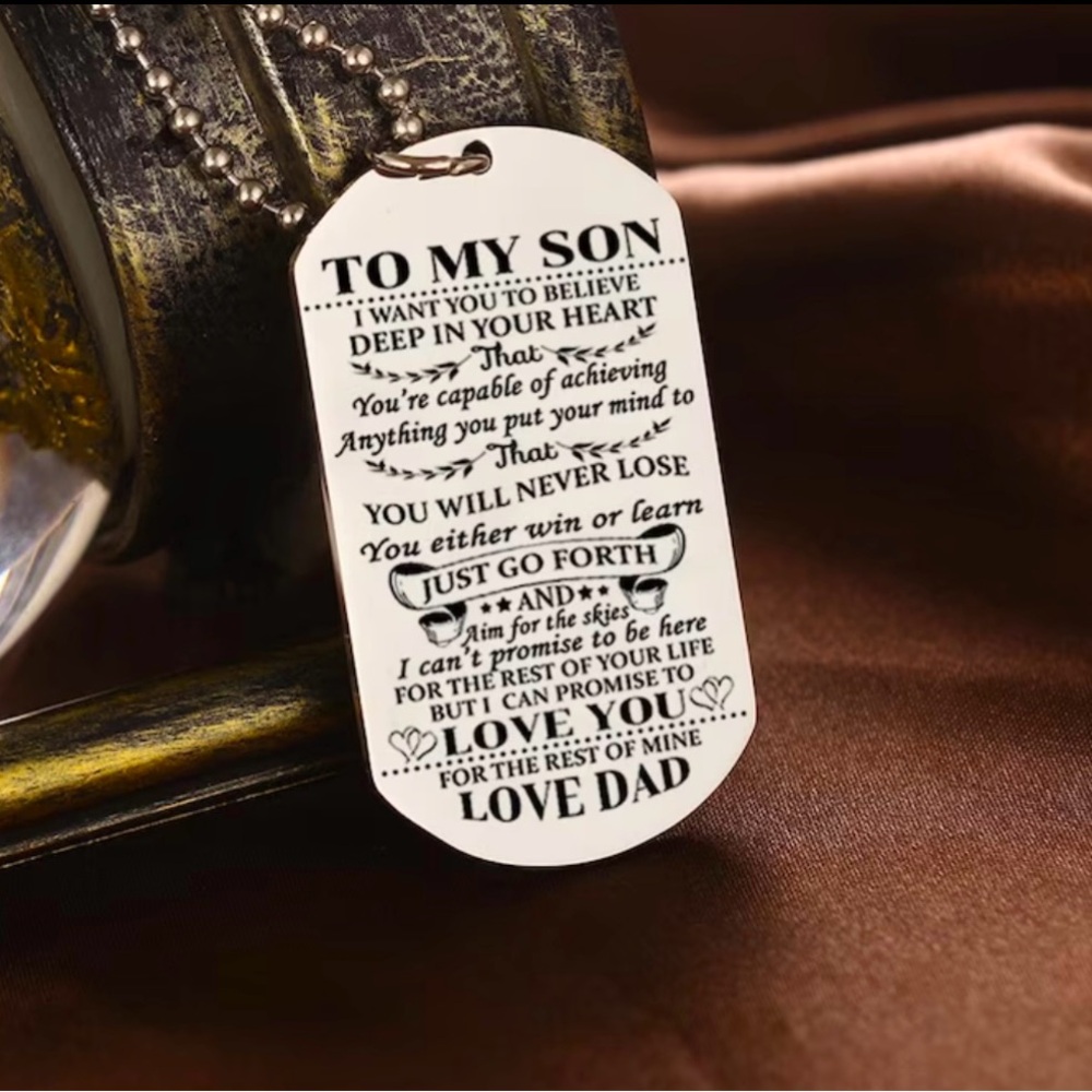 Military Dog Tag Engraved Message From DAD To The SON Necklace with Heart
